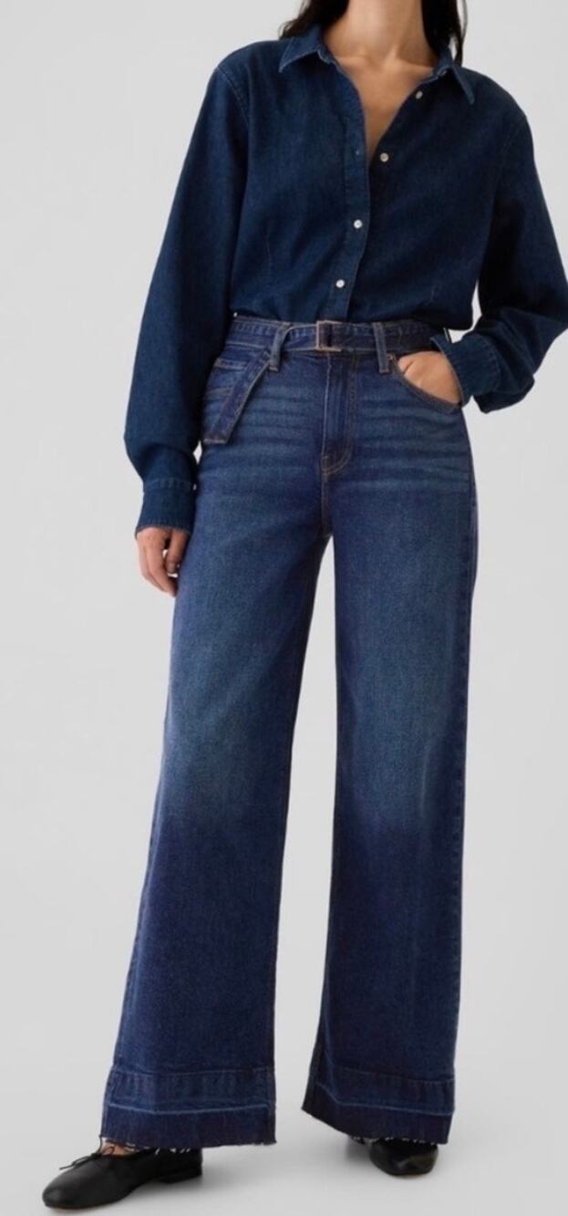 GAP High Rise Stride Belted Raw Hem Wide Leg Dark Indigo Blue Jeans,Size 4 Short